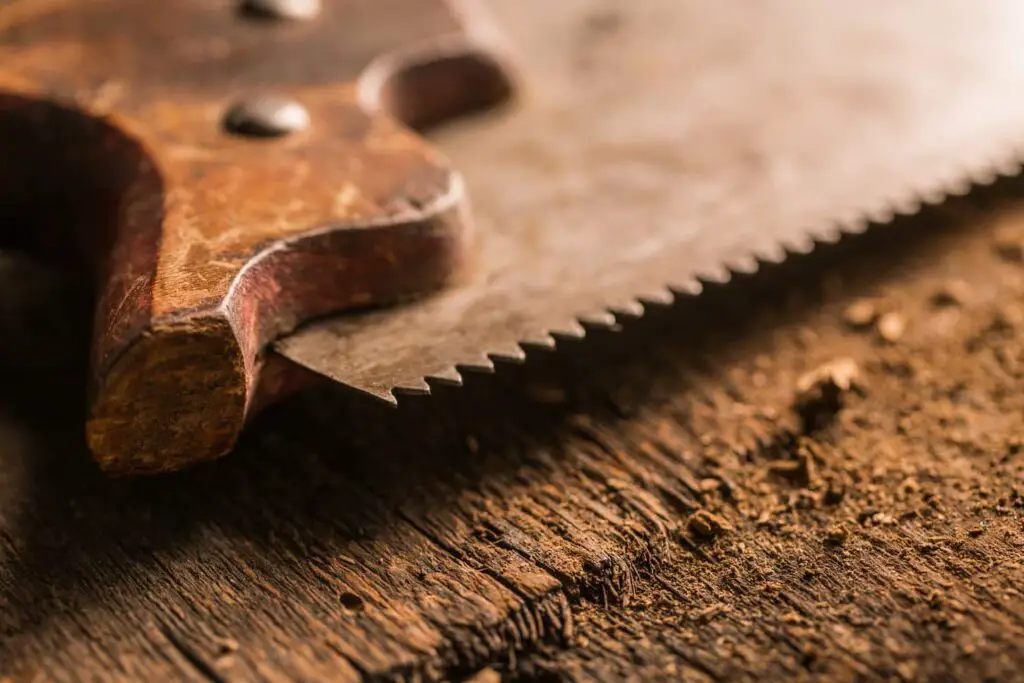 A Close up view of a rusty handsaw.