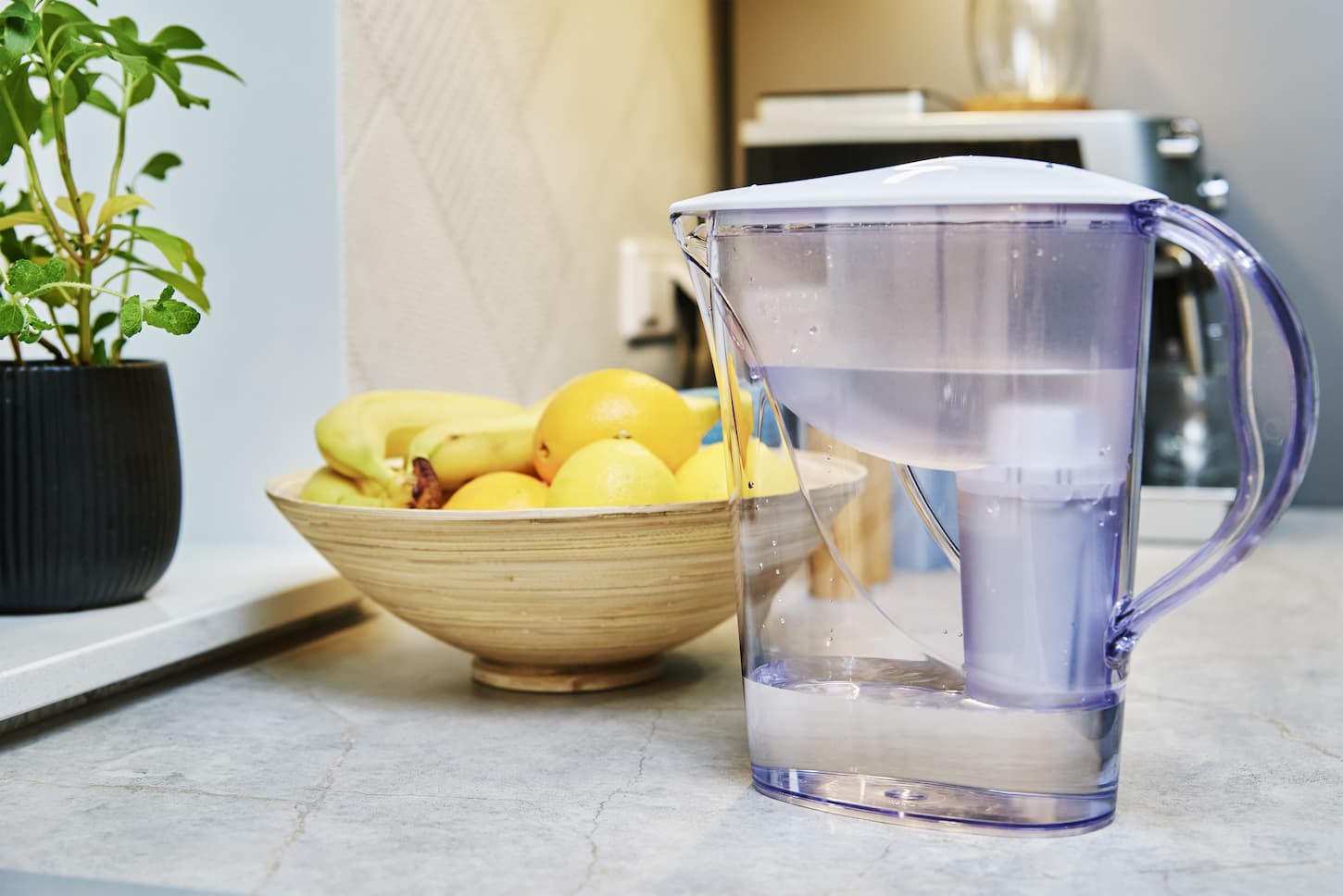 An image of a tray of lemon and a filtered water on a water filter in the kitchen counter.
