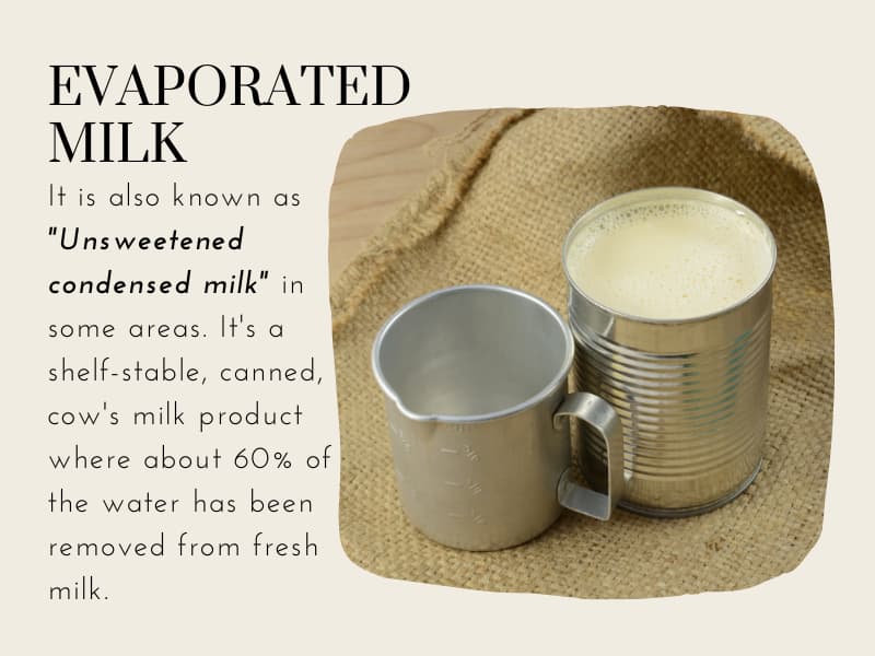 An image of evaporated milk in an opened can next to a measuring cup on burlap, with texts written about the definition of Evaporated milk.