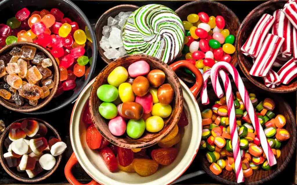 An image of sweets candy, candied fruits with marshmallow and jelly on a wooden tray. On a rustic background.