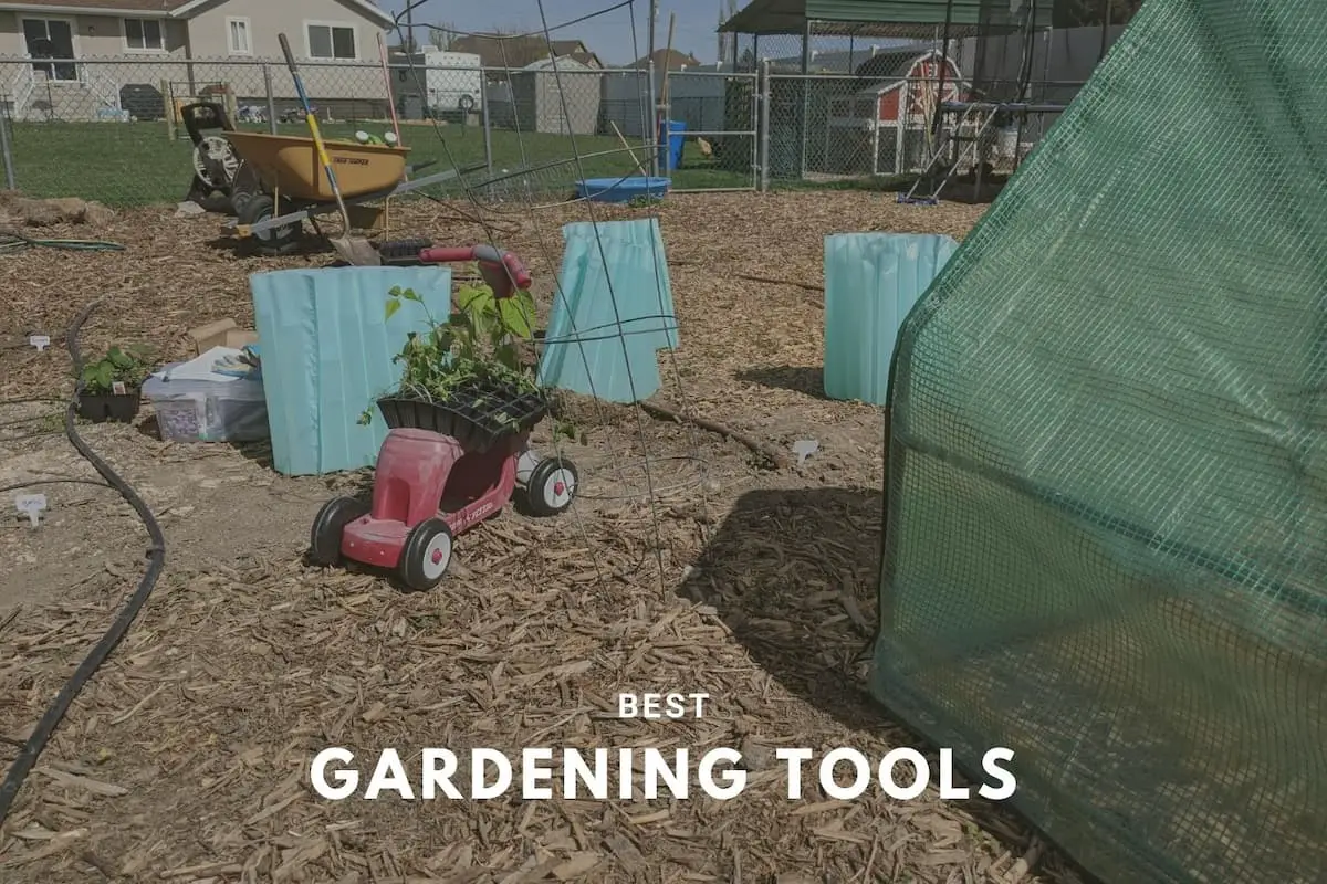 An image of our garden, garden tools, and text overlay best gardening tools