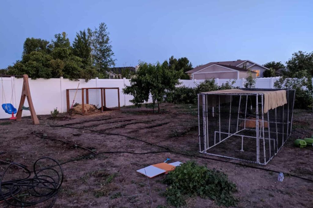 An image of the garden getting ready for planting and backyard homestead upgrades going on in spring 2020 at the Starr's house.