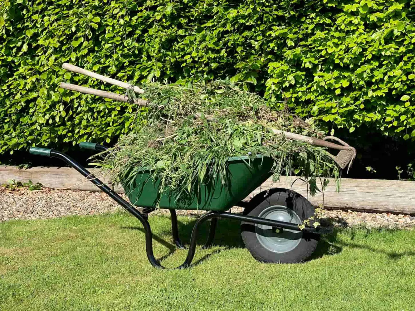 An image of a wheelbarrow full of weeds for the compost heap.