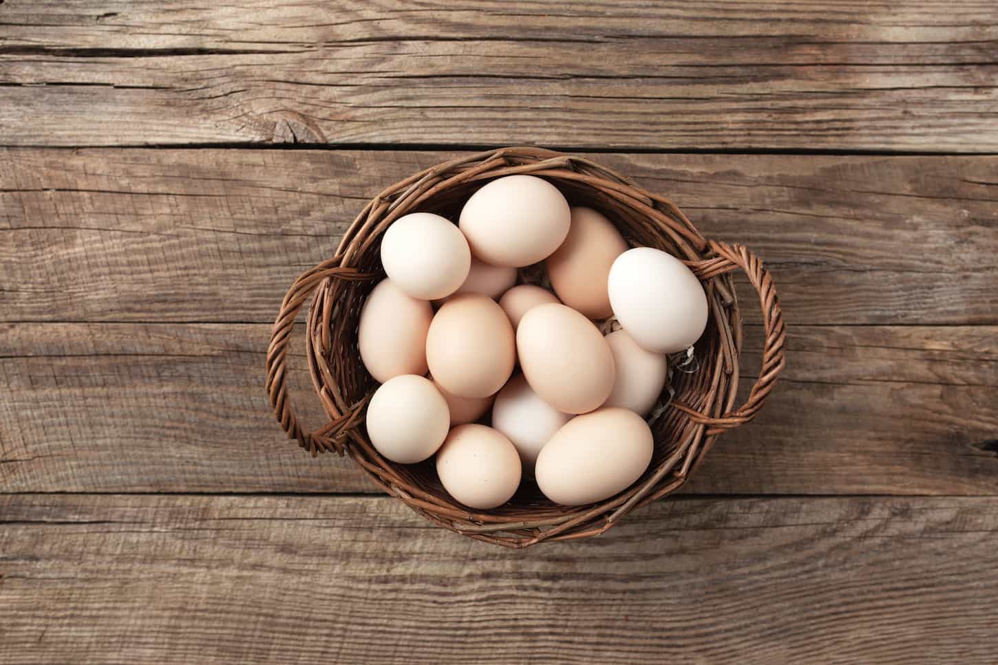 An image of Organic chicken eggs in a basket on wooden background.