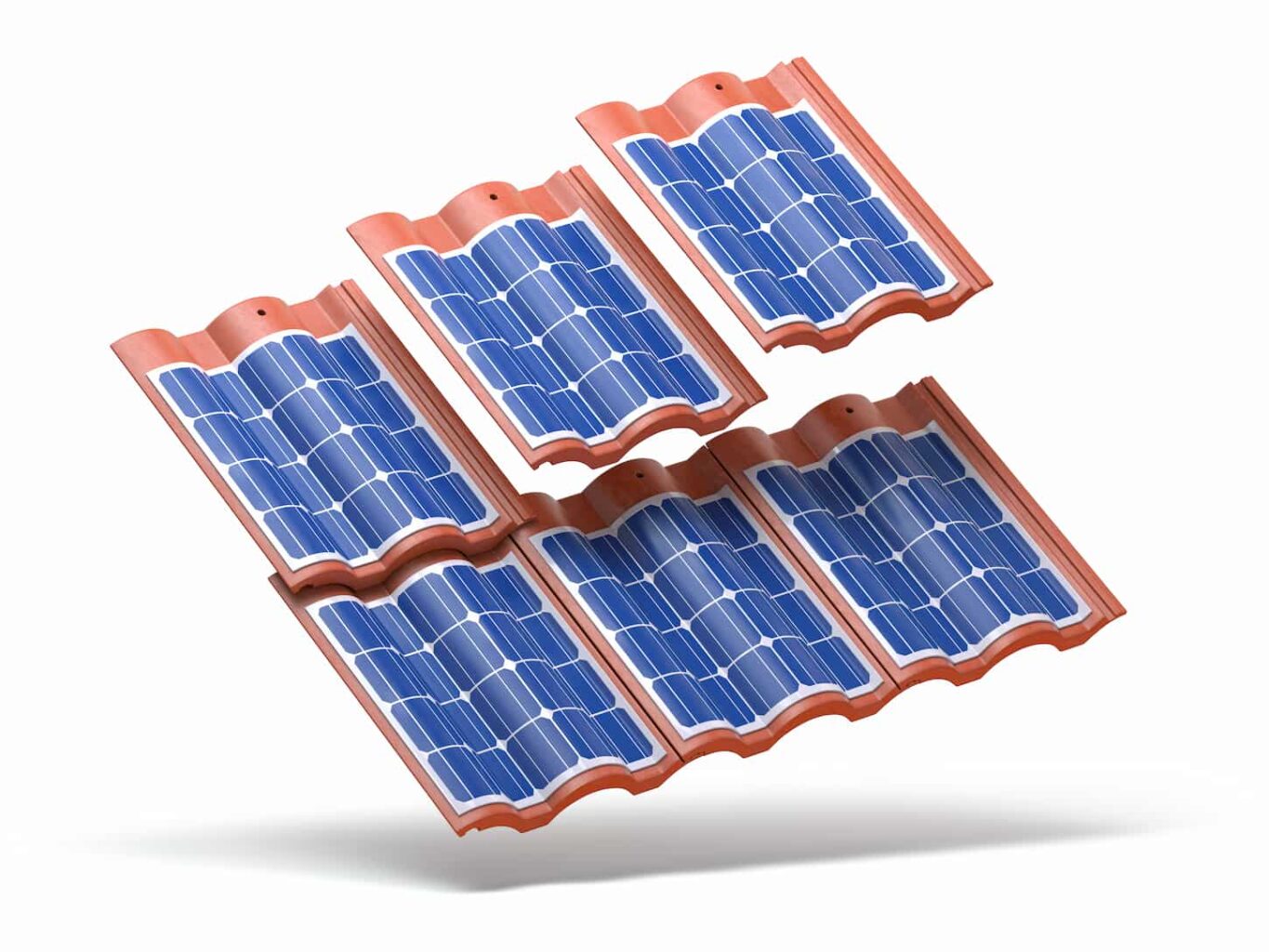 An image of Solar panels integrated into roof tiles or shingles isolated on white background.