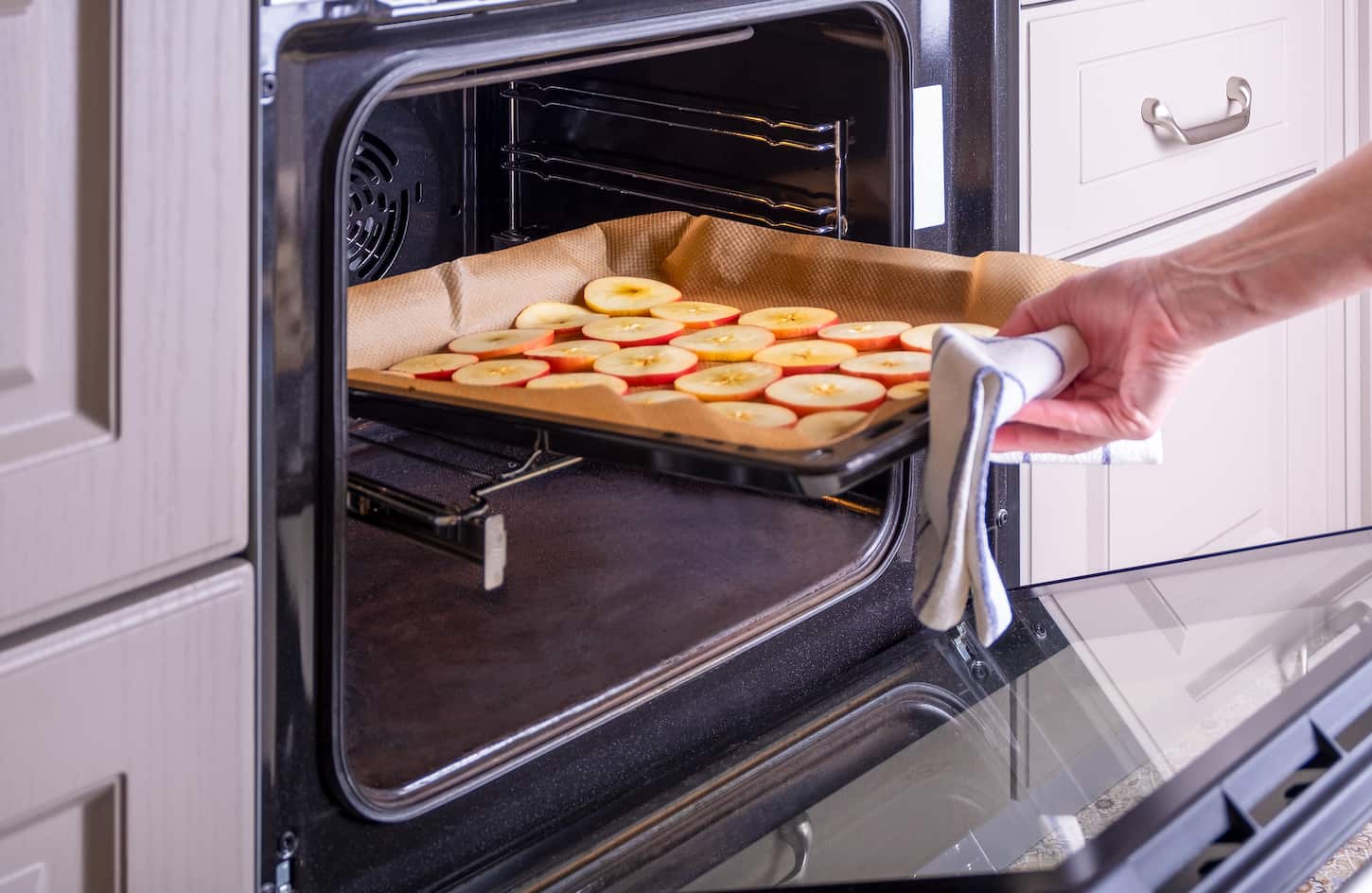An image of A woman putting a baking sheet of sliced apples into an electric oven to dry.