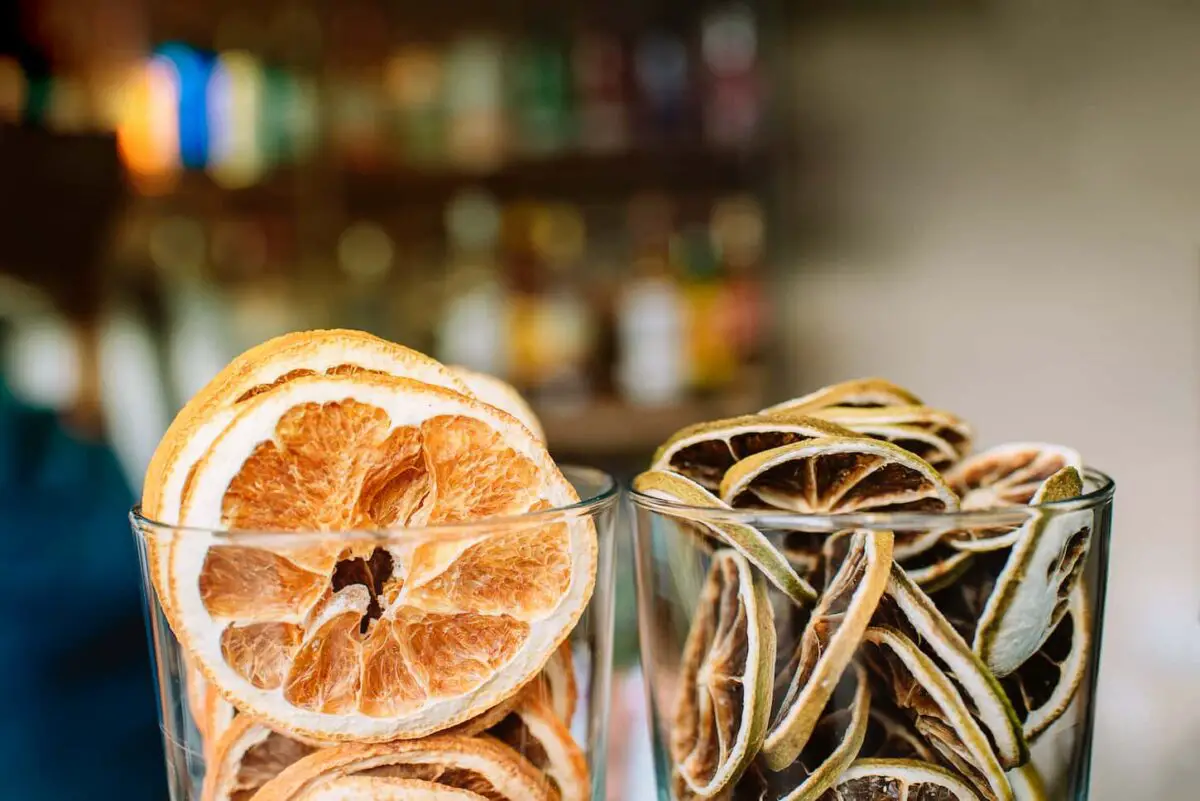An image of a dehydrated fruit, cut and prepared for cocktail preparation.