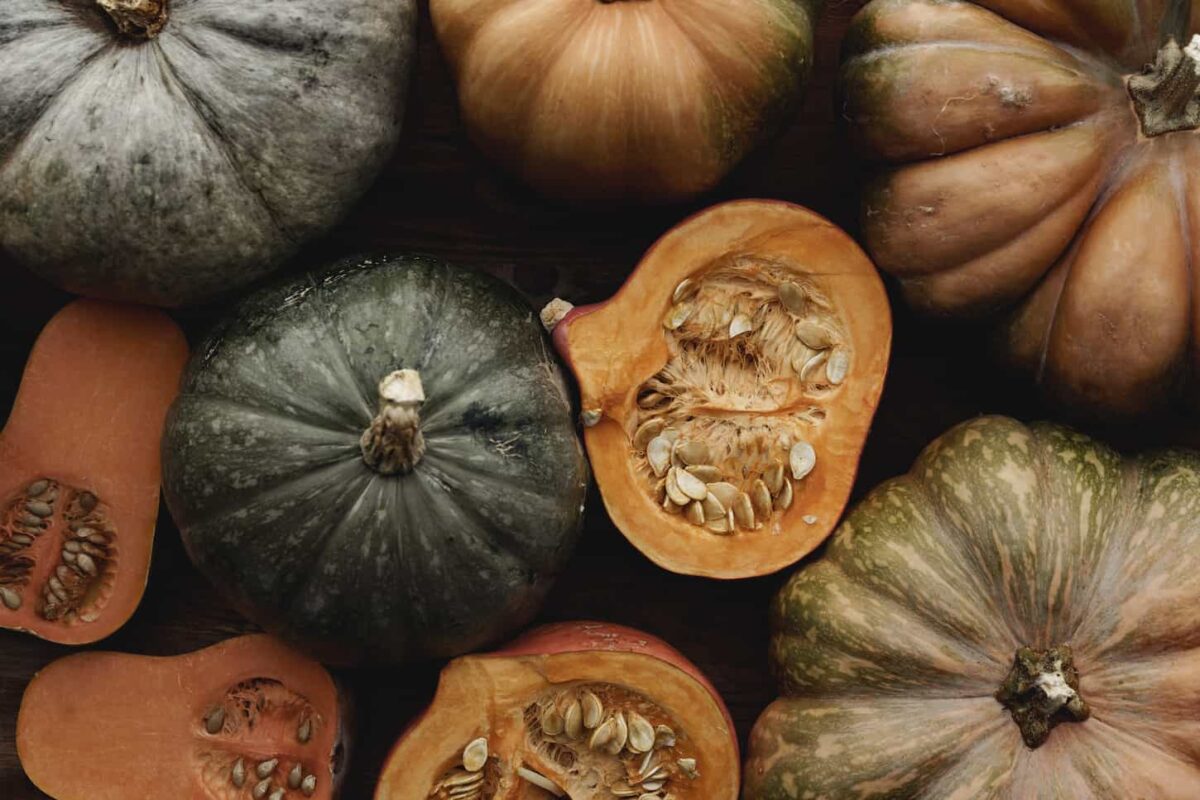 An image of Toned autumn background with a pile of pumpkins on a wooden board.
