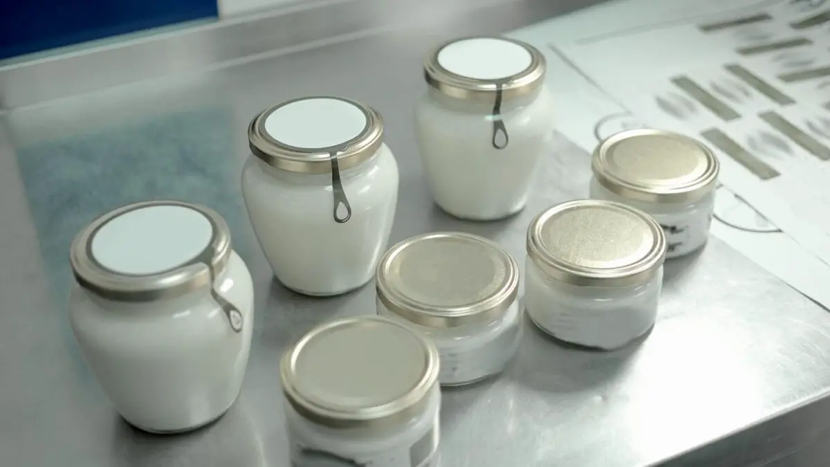 An image of jars with natural sour cream at a dairy factory.